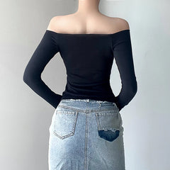 Hnewly Basic Solid Slash Neck T Shirt Skinny Full Sleeve Casual Black Tees for Women Autumn Streetwear Y2k T-shirts Korean Style