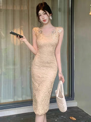 Hnewly Women Dress Lace Patchwork Sleeveless Slim Split V Neck Summer Fashion Sexy Elegant Temperament Party Dresses Female