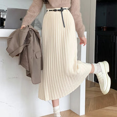 Hnewly Elegant High Waist Knitted Skirts Women Spring Autumn Loose Pleated Mid-Long Skirts Woman Chic Solid Color Skirts Female