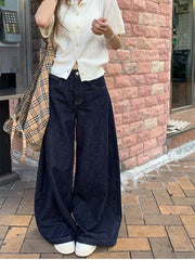Hnewly Women's Deep Blue Loose Wide Leg Jeans Street Cool Girl High Waist Baggy Pants Female Casual Straight Denim Trousers