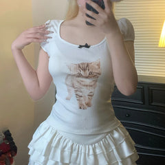 Hnewly Cute Animal Print Crop Top Bow Stitching Square Collar Short Sleeve T-shirt Women Vintage White Skinny Knitted Tee Summer