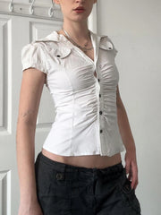 Hnewly Fashion Chic Safari Style Skinny Women Shirts Summer Solid Folds Basic Simple Single Breasted Blouses