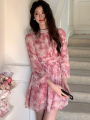 Hnewly Women's New Elegan Print t Dresse Fashion A-Line O-Neck Lantern Sleeve Slim Waist Short Vestidos FrenchCasual Holiday Summer