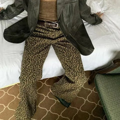 Hnewly Leopard Flare Jeans Women Denim Pants Female Y2K Bootcut Trousers Streetwear Hip Hop Vintage Casual Bell Bottoms