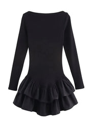 Hnewly Ruffled Hem Solid Women Dresses Elegant Long Sleeve High Waist O-neck Lady Mini Dress Spring Chic Street Party Female Robes