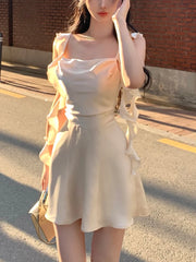 Hnewly wedding guest outfit Elegant Sleeveless Satin Mini Dress Women Summer Korean Short Design Spaghetti Strap Vintage Fairy Sweet Female Clothing