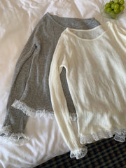 Hnewly Women's Ribbed Knit Top with Lace Trim Long Sleeve O-neck Stretchy Fitted Shirt Pullovers Sweater Teen-girl Basic Outfit