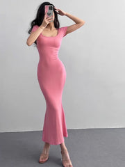 Hnewly Mermaid Dresses Women Sexy Square Collar French Style Vintage Summer Ladies Temperament Slim Ankle-length Fashion Ulzzang Chic