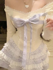 Hnewly France Sweet Square Neck 2-piece Set Women Fashion Cute Long Sleeve Bow Slim Lace Tops Female Design High Waist Short Skirt