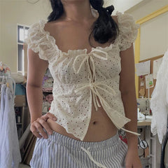 Hnewly y2k Tank Top Women Coquette Clothes Ruffle Trim Hollow Out Square Neck Sleeveless Tie Up T Shirt 2000s Vest Streetwear