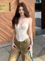 Hnewly Lace Patchwork Strapless Tops Bandage Backless Sleeveless Elastic Sweet Street Versatile Summer New Trend Corset Vest