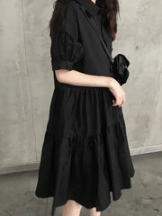 Hnewly Slimming Vintage Black Dress Summer New Style Fashionable Casual Wear Polyester Fiber Short Sleeve Standard Fit Gored Skirt
