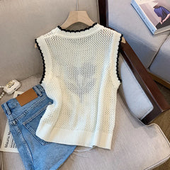 Hnewly Summer Hollow Out Sleeveless Knitted Vest For Women's Outerwear O-Neck Elegant Floral Print Pullover Fashion Girls TankTop
