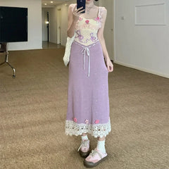 Hnewly Heavy-Work Knitted Purple Strap Dress Women's French Vintage Design Sensation Beauty Flower Banquet Empire Waist Gown