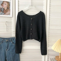 Hnewly Crochet Cardigan for Women Sheer Openwork Knit Long Sleeve Button Up Crop Top Teen-girl Shrug Cardigan Autumn Spring Y2K Outfit