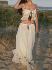 Hnewly Ruffle Bandage Mesh Dress Sets For Women Lace See Through Crop Tops Ladies Holiday Elegant Skirt Suits Womens Outfits New