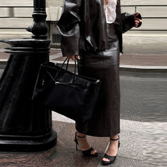 Hnewly Street Green Leather Jacket Skirt Sets Women Stand Collar Zipper Pleated Coat Spliced Long Skirts Autumn Lady Y2k Outfits