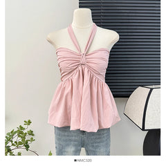 Hnewly Retro Ruffle halter lace-up off shoulder tank top Sexy Shirt Women camis pleated summer korean fashion Fashion Crop Top