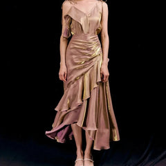 Elegant Powder Blusher Pink Ruffled Birthday Party Dress 2PC V-neck Sleeveless Tops and Mermaid Skirts Prom Gown Evening Dresses