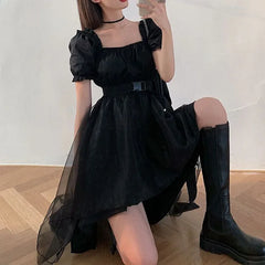 Hnewly harajuku black tulle puff sleeves dress woman french slim fit square collar asymmetrical dresses female summer party belt dress