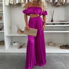 Hnewly Summer High Street Pleated Loose Suit Fashion Short Sleeved Solid Outfit Sexy Strapless Crop Top & Pants Women's Two Piece