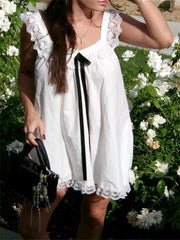 Hnewly Women Mini Dress Lace Trim Fly Sleeve Bowknot Embellished Short Dress Summer Fashion Casual Dress