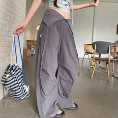 Hnewly Vintage Patchwork Wide Leg Pants for Women Y2K Lapel Low Waist Streetwear Dance Pants American Hip Pop Loose Parachute Trousers