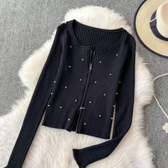 Hnewly Beading Knitted Striped Zippered Sweater Cardigan Women's Spring Autumn O-Neck Top New Loose Harajuku Long Sleeved Outwear