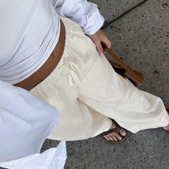 Hnewly Cotton Linen Drawstring Straight-leg Pants Coquette Y2K Aesthetics Wide Leg Trousers Fashion Solid Harajuku Women