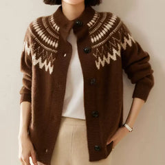 Hnewly Fair Isle Knit Sweater Cardigan Women Cozy Stand Collar Button Front Sweater Jacket Teen-Girl Fall Winter Vintage Chic Outfit