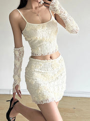 Hnewly Sweet Tie Floral Dress Set Women Sexy Slim 2 Piece Sets Slash Neck Sleeveless Camis Tops Mid-Waisted Mini Skirts