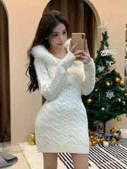 Hnewly Winter Knitted Sweater Dress Hooded Women Slim Bodycon Y2k Mini Dress Faux Fur Female One Piece Dress Korean Elegant