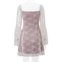 Hnewly Slim Fit Lace Sexy Fashion Pop Flared Long Sleeve Printed Lace-Up A-Line Solid Dress Women
