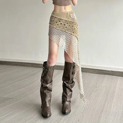 Hnewly Bohemian Vintage Embroidery Knitted Skirts Summer Lace Patchwork Skirt for Women New Slim Fit Bodycon Faldas Mujer