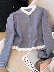 Hnewly O Neck Women Striped Shirt Vintage Long Sleeve Loose Korean Blouse Casual Fall New Patchwork Female Retro Sweet Autumn Tops