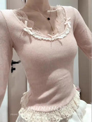 Hnewly Y2k Elegant Streetwear T Shirt Bow Lace Patchwork Slim Sweet Tees Autumn French Elegant Sexy Coquette Tops Women's