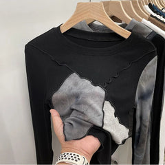 Hnewly Vintage Tie Dye Patchwork T Shirts Women Korean Chic Female Long Sleeve O Neck Tops Y2K Autumn Slim All Match Crop Tees Mujer