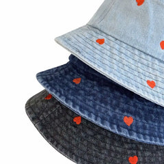 Hnewly Watermelon Strawberry Embroidered Denim Bucket Hat Butterfly Pattern Wide Brim Denim Fisherman Hat Sun Hat Spring and Summer