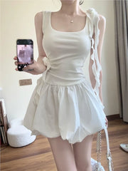 Hnewly Summer Sweet Korean Fashion White Retro Dress Square-Neck Slim Waist Sleeveless Flower Lace-up Small Vest Dress Women New