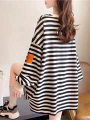 Hnewly Spring Autumn Striped Sweatshirts Women Casual Loose Long Sleeve Tops Korean Style Trend All-Matched Pullovers