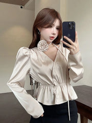 Hnewly 3D Floral Satin Shirt Women Long Sleeve Elegant Vintage Blouse Korean Casual Sexy V Neck Slim Female Champagne Tops Spring