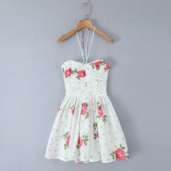 Lunivop Sexy White Floral Print Lacing Up Bow Halter Sling Dress Women Fold Ruched Slim Waist Backless Swing Short Dresses Robe