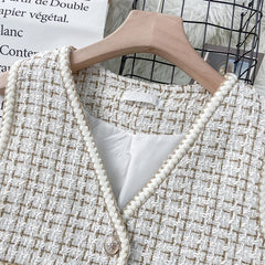 Hnewly Women New Autumn Tweed Elegant Vintag Vest V-neck Sleeveless Slim Pockets Waistcoat Ladies Fashion Womens Short Small Vest