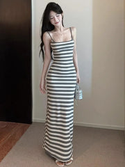 Hnewly Striped Dresses Women Sleeveless Sexy Backless Slim Elegant Split Slash Neck Summer Fashion Party Dress Female Casual