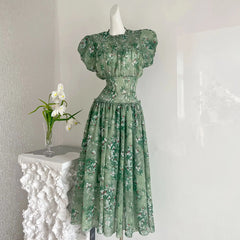 Hnewly Elegant Vacation-style Green Floral Dress with Stretch Waist Cinching Full-length Dress Korean Fashion Short Sleeve Summer Dress