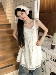 Hnewly White Dress Women Sleeveless Summer Holiday Mini Sweet Lace Flattering Waist A-line Vestidos Elegant Simple Korean Style Folds