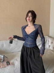 Hnewly Vintage V-neck Ruched Thin Mesh Tee Shirt Summer New Slim Fit Tops Women Y2k Grunge Long Sleeve Sun Protection T-shirts