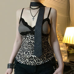 Hnewly Retro Leopard y2k Cropped Top Vintage 2000s Lace Patchwork V Neck Striped Print Spaghetti Strap Tops Harajuku Women Tees