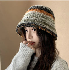 Hnewly Colourful Knitted Hat Women Korea Autumn Winter Warm Dopamine Warm Fisherman's Hat Star Model Thickened Bucket Hat
