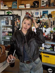 Hnewly Y2K American Pu Leather Women Jacket Y2K Brown Vintage Long Sleeve Stand Collar Crop Coats Hip Hop Streetwear Zipper Outerwear